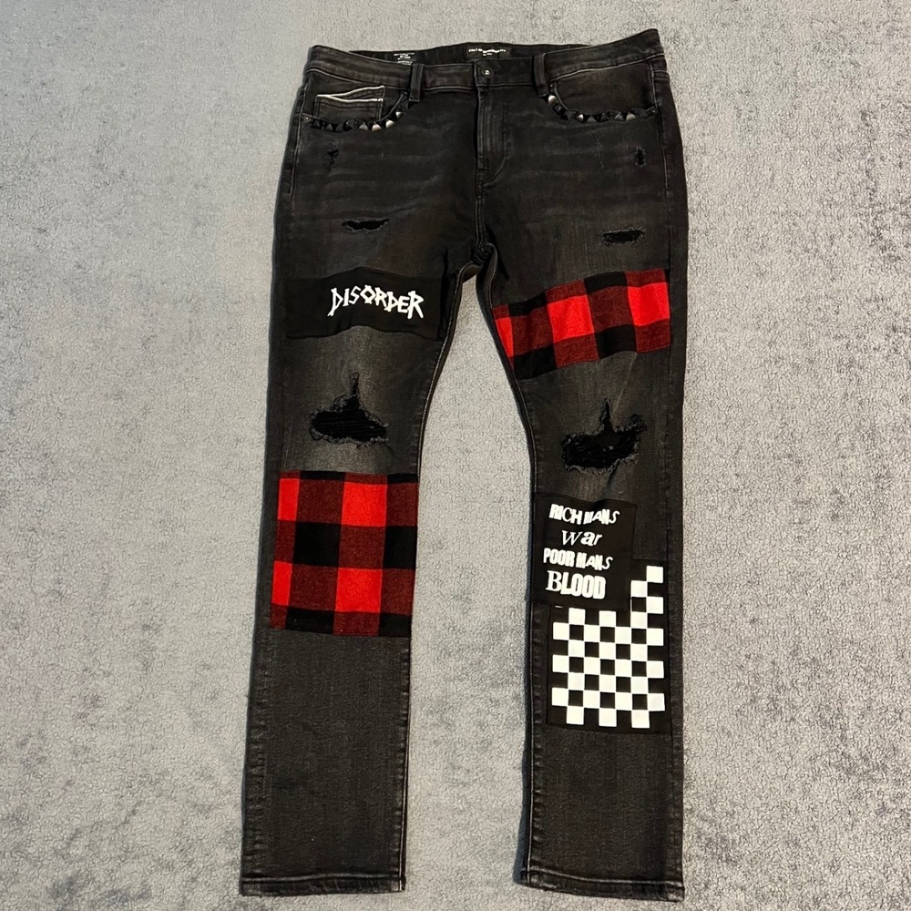 Cult of Individuality Punk Super Skinny Patched Plaid Distressed Jeans 40x32